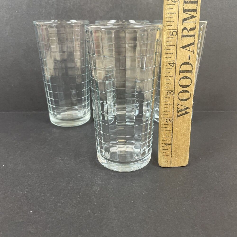 4 Pasabache Optic Block Clear 8 oz Tumblers 5" Geometric Grid Glasses Signed - Picture 6 of 6